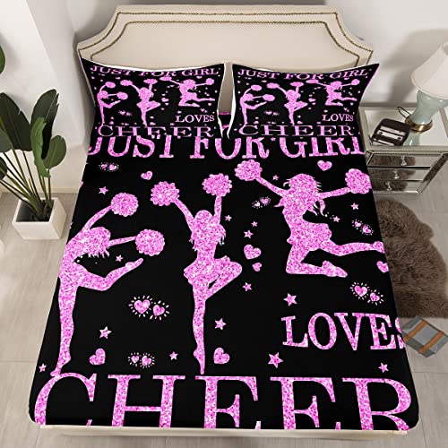 Cheering Girls Spannbettlaken 140 x 200 Cheer Sport BettwäSche-Set Für Cheerleader Geschenke Teenager MäDchen Gymnastik TäNzer Rosa Lila Glitzer Pailletten Spannbettuch Herz Sterne Muster Dekor 2 TLG von Homewish