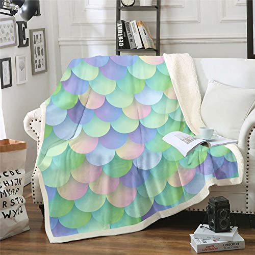 Colorful Fish Scales Bed Blanket, Ocean Marine Themed Blanket for Women Girls Kids Boys Teens Ocean Theme Room Decor Fleece Blanket Mermaid Scales Pattern Sherpa Throw Blanket, 220×240 von Homewish