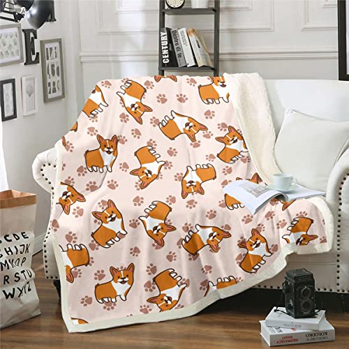 Corgi Decke 130x150 Happy Corgi Hunde Plüsch Decke für Kinder Jungen Mädchen Schlafzimmer Dekor Karikatur Hund Pfote Muster Sherpa Decke Hund Liebhaber Thema Decke Werfen Leicht für Schlafsofa von Homewish