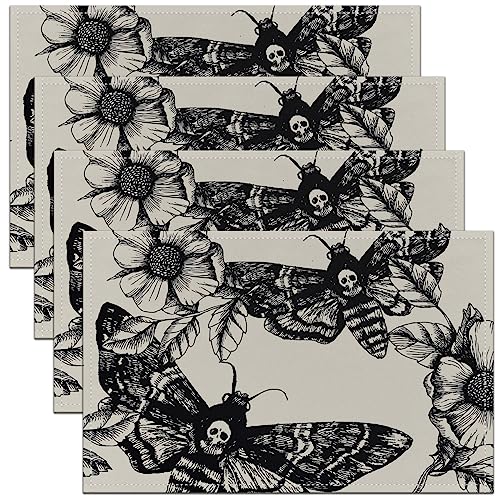 Death Moth Tischsets für Esstisch,Gothic Death Skull Platzmatten 45Wx30L Set von 4,Jugendböhmische Tischmatten für Küche Patio,Junge Mann Skelett Knochen Öl Beweis Waschbare Tischsets,Schwarz von Homewish