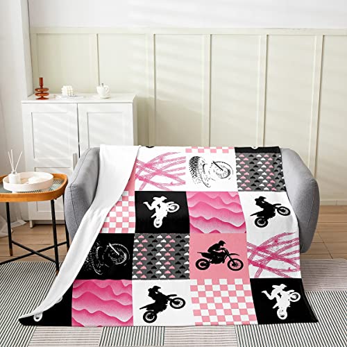 Dirt Bike Decke Leicht Grunge Bike Track Patchwork Überwurf Decke Schlafzimmer Dekor Jugend Motocross Fleecedecke Ultra Warm Geschenk für Mädchen Pink White Grid Sherpa Decke Weich,150 x 200 von Homewish