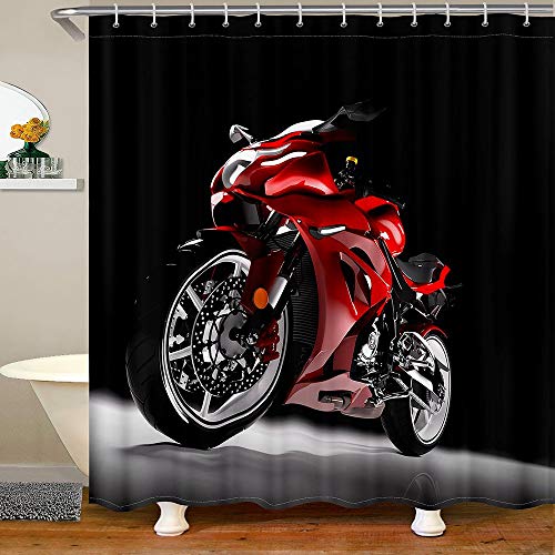 Dirt Bike Dusche Stall Vorhang Boy Motorrad Badewanne Dusche Vorhang Rot Motocross Duschvorhang für Kinder Teens Junge Mann Extreme Sport Spiel Dekorative Badezimmer-Sets,Schwarz 180x180 (W/L) von Homewish