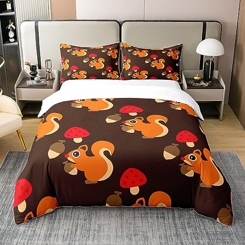 Eichhörnchen 100% Baumwolle Bettbezug 220x240,Nette Cartoon Tier Eichhörnchen Bettwäsche Set,Thanksgiving Herbst Ernte Thema Tröster Abdeckung,Herbst Pilz Kiefer Nuss Bett Sets mit 2 Kissenbezüge von Homewish