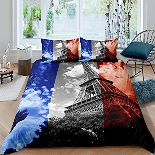 Eiffelturm Bettwäsche-Set 135x200 Jungen Teens Mann Frankreich Paris Thema Bettbezug Retro Stadt Gebäude Tröster Abdeckung Rot Blau Geometrische Streifen Tagesdecke Schlafzimmer Dekor von Homewish