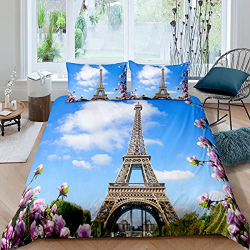 Eiffelturm Trösterbezug 135x200 Für Kinder Mädchen Erwachsene Frauen Rosa Blume Bettbezug Romantisch Frankreich Paris Bettwäsche Set 3D Stadt Gebäude Tagesdecke Abdeckung Schlafzimmer Dekor Blau von Homewish