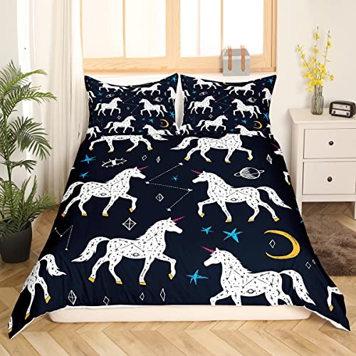 Einhorn Bettwäsche 135 x 200 Mädchen Magic Weiß Pferd Bettwäsche Set für Kinder Trippy Galaxy Bettbezug Sternenhimmel Bettbezug Astrologie Dekor Bettwäsche Set Schwarz Weiß Schlafzimmer Dekor von Homewish