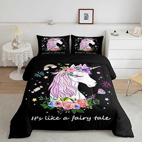 Einhorn Bettwäsche 135x200 Mädchen Girly Niedliche Verträumte Pferde Bettbezug Karikatur Magische Tier Tröster Set Regenbogen Sterne Diamant Blumen Daunendecke Einhorn Prinzessin Schlafzimmer Dekor von Homewish