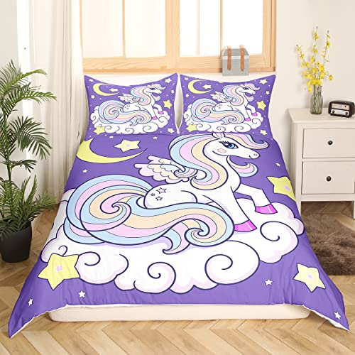 Einhorn Bettwäsche Mädchen Niedliches Cartoon Einhorn Pferd Gedruckt Bettbezug Regenbogen Einhorn Gedruckt Bettwäsche Set Kawaii Raumdekor für Kinder Jugend Lila Galaxie Mond Sterne Bettbezug 135x200 von Homewish