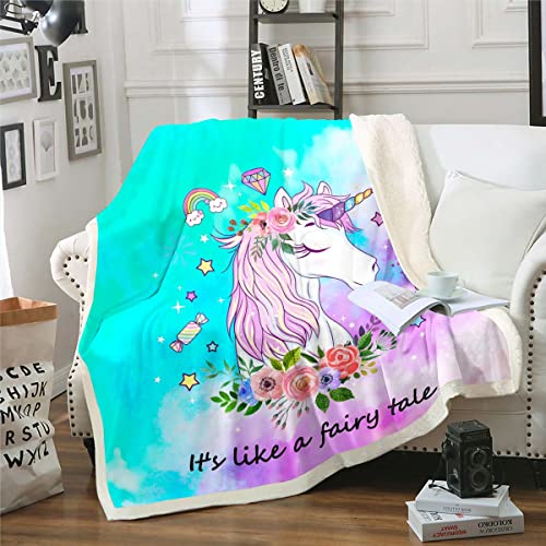 Einhorn Decke 75x100 Mädchen Lila Teal Farbverlauf Krawatte Färbung Fleece Decke Boho Psychedelic Niedliche Verträumte Pferde Sherpa Decke Exotische Blumen Decke Werfen Kawaii Einhorn Geschenke von Homewish