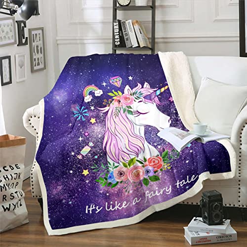 Einhorn Geschenke für Mädchen Kawaii Decke Werfen 75x100 Glitzer Galaxy Fleece Decke für Kinder Karikatur Magische Tier Sherpa Decke Niedliche Pferde Plüsch Decke Lila Einhorn Schlafzimmer Dekor von Homewish