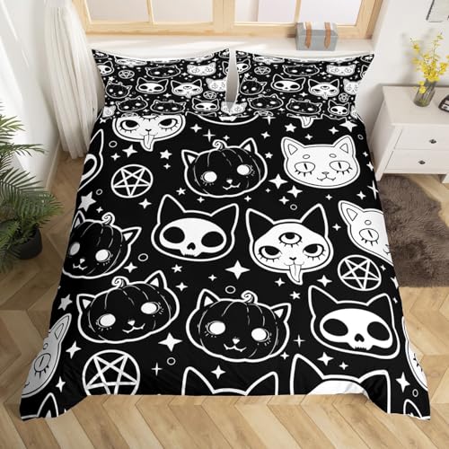 Exotische Katze Bettbezug Schwarz und Weiß Sterne Galaxy Bettwäsche Set 135x200,Gothic Kätzchen Kürbis Laterne Tröster Abdeckung Skelett Halloween Dekor,Haustier Tiere Kawaii Zimmer Dekor von Homewish