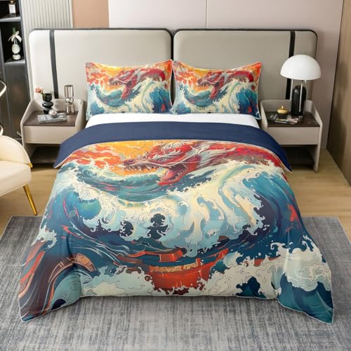 Fantasy Dragon 100% Baumwolle Bettwäsche Set,Ölgemälde Wellen Bettbezug 155x220 für Kinder Teens Erwachsene,Traditionelle Drachen Bettbezug,Sonnenuntergang Bett Set mit 1 Kissenbezug für Schlafzimmer Fantasy Dragon 100% Baumwolle Bettwäsche Set,Ölgemälde Wellen Bettbezug 155x220 für Kinder Teens Erwachsene,Traditionelle Drachen Bettbezug,Sonnenuntergang Bett Set mit 1 Kissenbezug für Schlafzimmer von Homewish