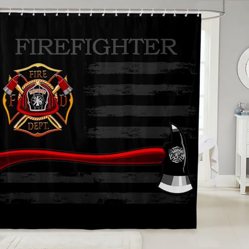 Feuerwehr-Duschvorhang, amerikanische Flagge, geometrische Streifen, Badezimmer-Vorhänge für Jungen, Mädchen, Erwachsene, Feuerwehr-LKW-Werkzeuge, rot, schwarz, modisch, wasserdicht, 12 Haken, 183 x von Homewish