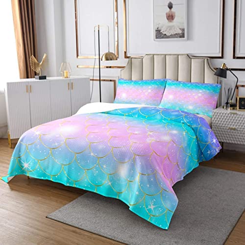 Fischschuppen Tagesdecke,170x210 für Kinder Mädchen Bunte Meerjungfrau Fischschuppen Muster Bettdecke Set Erwachsene Frauen Golden Stripe Printed Bettdecke Ozean Thema Marine Leben Tagesdecke von Homewish