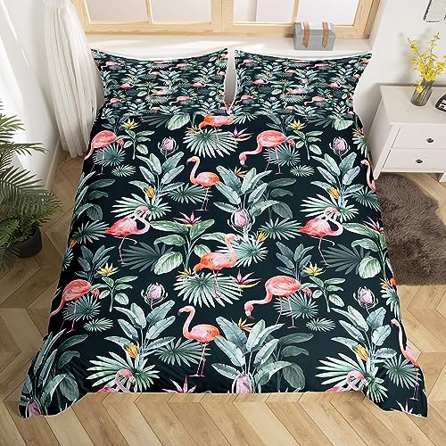 Flamingo Bettwäsche Set Rosa Flamingo Dekor Bettbezug 135x200 Nette Tier Flamingo Romantisches Thema Tröster Abdeckung Grün Palmenblätter Bettwäsche Rustikale Botanische Blumen Bettwäsche Abdeckung von Homewish