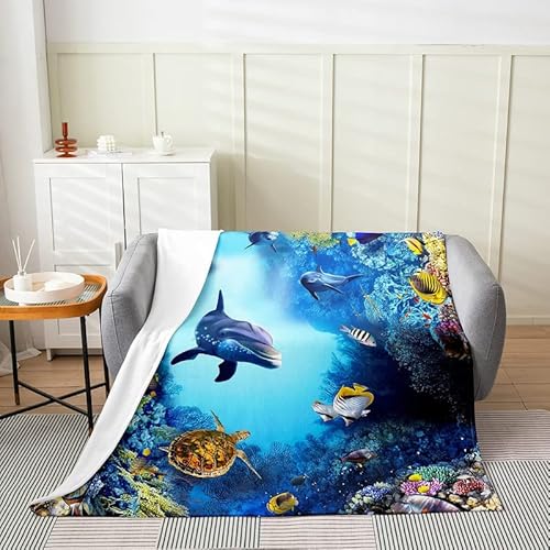 Flanelldecke mit Meerestieren für Kinder Jungen Mädchen Küstentiere Überwurf Tropische Fische Wal Delphin Fleecedecke für Kleinkind Meerestiere Fuzzy Decke Schlafsofa Couch Dekoration ,130 x 150 cm von Homewish