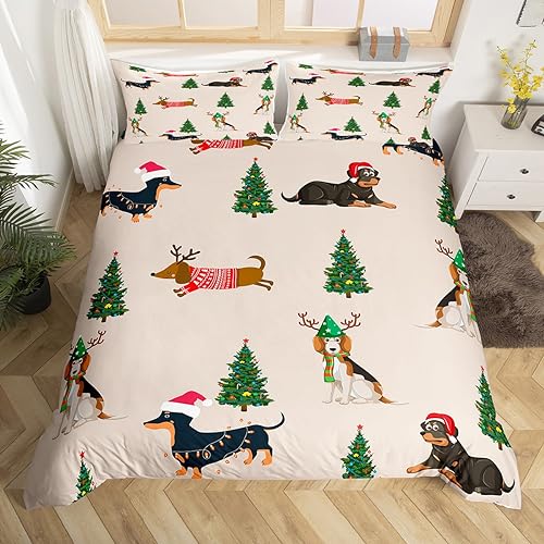 Frohe Weihnachten Bettwäsche Sets 220x240 Nette Dachshund Hunde Tröster Abdeckung,Weihnachtsbaum Bett Set Kawaii Tier Bettbezug,Happy Neues Jahr Geschenke Quilt Cover (Reißverschluss Verschluss) von Homewish