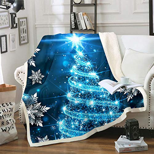 Frohe Weihnachten Werfen Decke 220×240Blau Thema Sherpa FÜR Mädchen Jungen Frauen Frauen Glitter Blau Weihnachten Bäume Home Schlafzimmer Dekor Dekor Bett Decke Chic Winter Schneeflocke Fuzzy Decke von Homewish