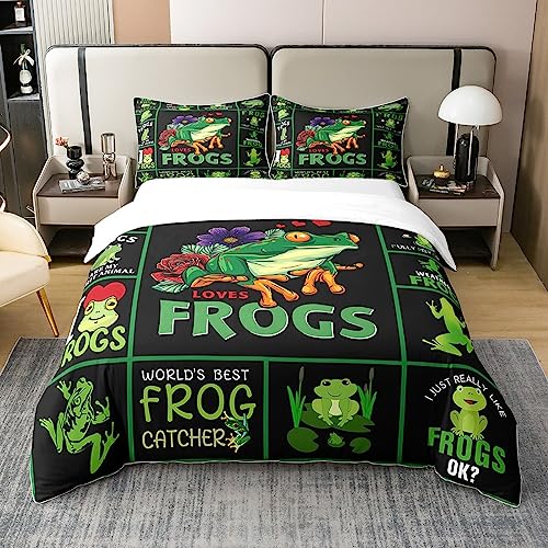 Frosch 100% Baumwolle Bettbezug 200x200 Nette Frosch Bettwäsche Set Cartoon Baum Frosch Tröster Abdeckung Reptil Floral Natur Thema Quilt Cover Frosch für Frosch Liebhaber Zimmer Dekor,Grün Schwarz von Homewish