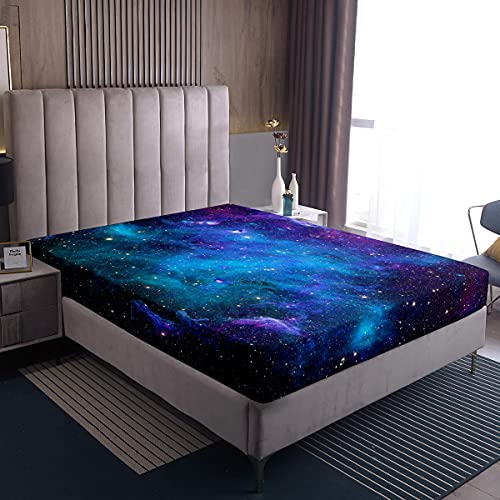 Galaxis Serie Spannbetttuch Blau Lila Sternenhimmel Bedrucktes Dekor Bettwäsche-Sets für Frauen Teenager-Jungen Universum Weltraum-Thema Spannbetttücher Nebel Galaxis-Bettwäsche-Dekor-Set, 140x200 von Homewish