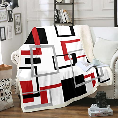 Geometrie Decke 150 x 200 Geometrisches Quadratisches Decke Werfen Schwarz Weiß Rot Grau Streifen Karierte Fleece Decke für Kinder Jungen Mädchen Modern Kreative Kunst Sherpa Decke Zimmer Dekor von Homewish