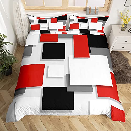 Geometrie Quadratischer Bettbezug Rot Grau Schwarz Weiß Bettbezug für Kinder Teenager Modernes Geometrisches Gitter Ombré Tagesdecke Weich 135 x 200 Modernes Einfaches Grafisch Bedrucktes Bettwäsche von Homewish