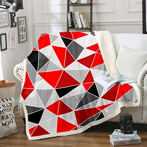 Geometrische Decke 100 x 130 Rot Grau Schwarzes Grafik Decke Werfen Bunte Rautenmuster Fleece Decke für Kinder Jungen Mädchen Teenager 3D Geometrie Dreiecks Linien Sherpa Decke Wohnzimmer Dekor von Homewish