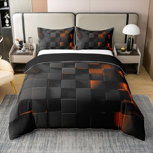 Geometrische Gitter Bettbezug 155x220,Orange und Schwarz Plaid Bett Set,Moderne Geometrische Quadrate Bettbezug,Geometrie Gitter Wand Ziegel Bettwäsche Set mit 1 Kissenbezug (Schwarz Reversibel) von Homewish