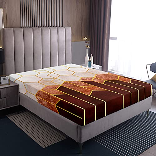 Geometrische Spannbetttücher 140x200, Sechseck Marmor Bettwäsche-Sets, Braun Marmor Spannbetttücher für Erwachsene Männer Frauen, Modernes Hotel Luxus Bettwäsche Dekor Set Marmor Textur Design von Homewish