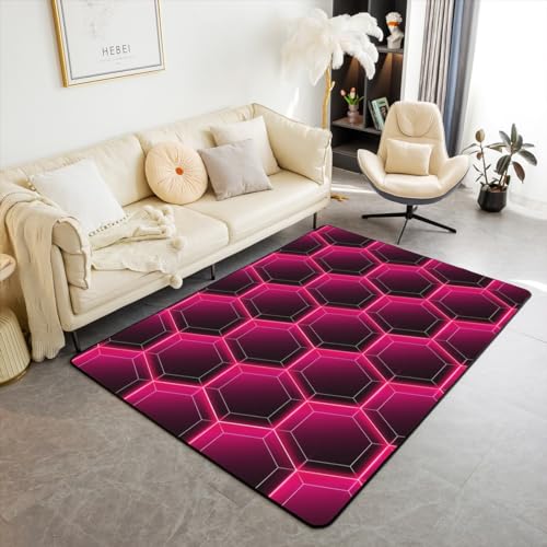 Geometrischer Hexagon Bereich Teppich 100Bx150L,Neon Magenta Honigwaben Antirutsch Teppich Hexagon Geometrie Bienenstock Teppich,Schwarzer Simplistic Geometric Dekor Akzent Teppich für Schlafzimmer von Homewish