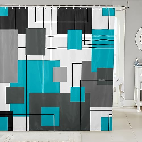 Geometrischer Quadratischer Badevorhang 180Bx200L Teal Grau Duschvorhang Schwarz Grau Türkis Geometrie Badezimmer Vorhang Erwachsene Moderne Abstrakte Linien Vorhang Sets Rustikales Bauernhaus Dekor von Homewish