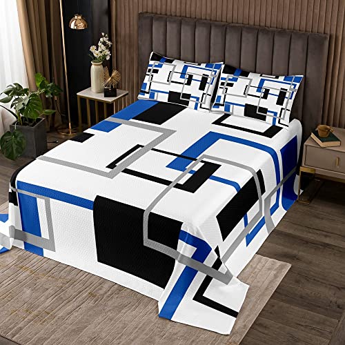 Geometry Grid Quilt Set Weiß Schwarz Grau Blau Quadratisches Bettdecken Set Geometrische Streifen Fette Linien Tagesdecke 240 x 260 Weich für Kinder Erwachsene Moderne Kreative Kunst Tagesdecke von Homewish