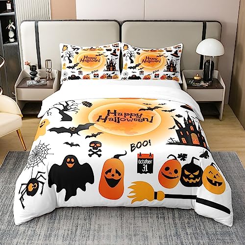 Glückliche Halloween Bettwäsche Set 155x220 Knochen Spinnweben 100% Baumwolle Bettbezug,Gotische Gruselige Horror Festival Tröster Abdeckung Schloss und Fledermaus Halloween Bett mit 1 Kissenbezug von Homewish