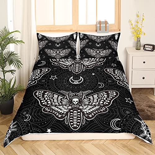 Gothic Bettwäsche Set 135x200 Schädel Moth Bettbezug Teens Skelett Knochen Boho Tröster Abdeckung Erwachsene Bohemian Mandala Bett Set für Halloween Schlafzimmer Dekor (1 Bettbezug+1 Kissenbezug) von Homewish