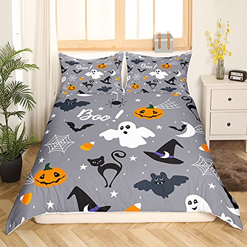 Gothic Spooky Tröster Abdeckung Kürbis Laterne Bettwäsche Set für Kinder Jungen Teens, Geist Spinnweben Bettbezug Schwarz Fledermaus Katze Spinnweben Halloween Dekor 135x200 Grau von Homewish