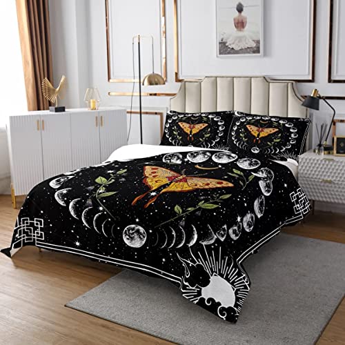 Gotisches Motten Tagesdecke Sonnen Und Mond Gesteppt Sternenhimmel Sterne Tagesdecke 220x240,Konstellation Tagesdecke Quilt-Set Blumen Blätter Schmetterling Zimmerdekor Mondphase Dekor für Zuhause von Homewish