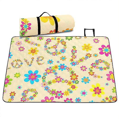 Groovy Blume Picknick Decken 150x200 (WxL） für Travel Park,Groovy 70S Retro Floral Picknick Stranddecke,Regenbogen Frieden Zeichen Picknick Matte,Böhmische Irisierende Waschbare Tragbare Decke von Homewish