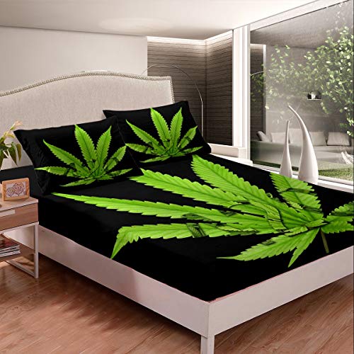 Grün Marihuana Blatt Gras Spannbetttuch Hippie Art Nature Bettwäsche Set für Kinder Mädchen Frauen, Tropical Botanical Blatt Bettlaken Set Vibrant Bright Cannabis Blätter Bettdecke 140X200 von Homewish