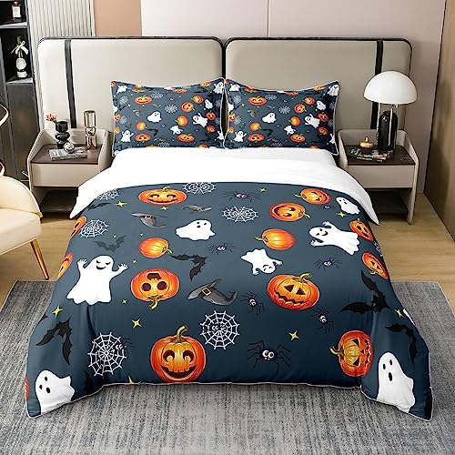 Halloween 100% Baumwolle Bettbezug 135x200,Cartoon Kürbis Bettwäsche Set für Kinder,Halloween Kürbis Geist Festival Thema Tröster Abdeckung,Galaxy Starry Himmel Spinne Web Fledermaus Quilt Cover,Blau von Homewish