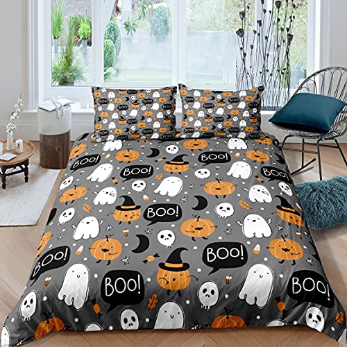 Halloween Bettbezug 135X200 Cartoon Kürbis Laterne Tröster Abdeckung Schädel Bettwäsche Set Für Kinder Jungen Mädchen Schlafzimmer Dekor 3 Stück Bettwäsche Set (1 Bettbezug 1 Kissenbezug) Grau von Homewish