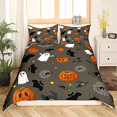 Halloween Thema Bettbezug für Kinder Jungen Mädchen, Kürbis Laterne Trösterbezug, Sterne Gothic Spooky Tagesdecke Abdeckung Dekor Cartoon Stil Bettwäsche-Set mit Reißverschluss 135X200 von Homewish