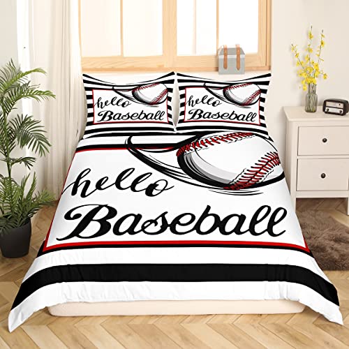 Handgezeichnetes Baseball Bettwäsche Set 135 x 200 cm für Kinder Jungen Teenager schwarz weiße geometrische Streifen Sport Gaming Bettwäsche Set mit 1 Kissenbezug Sport Thema Raumdekor von Homewish