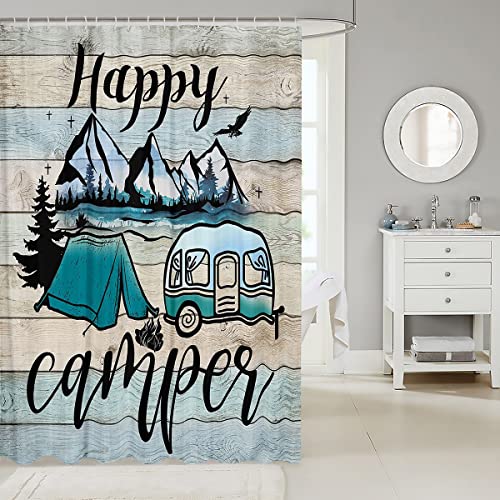 Happy Camping Badezimmervorhang Camper Duschvorhang Rustikaler Bauernhaus Badvorhang 180 W x 180 L Camping Badvorhang Wohnmobil Auto Thema Duschvorhang Bunte Vintage Badezimmer Accessoires aus Holz von Homewish