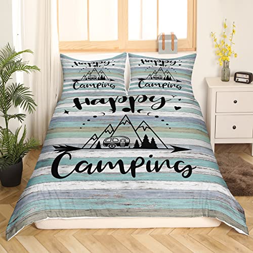 Happy Camping Bettwäsche 135x200 Camper Bettwäsche Rustikale Bauernhaus Dekoration Bettbezug für Kinder Jungen Teenager Erwachsene Schlafzimmer Dekoration Skizze Zeichnung Druck Steppdecke 2 Stück von Homewish