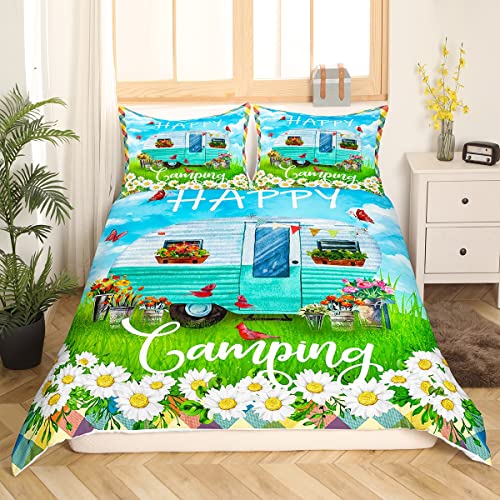 Happy Camping Bettwäsche Camper Auto Bettbezug für Kinder Jungen Mädchen 135 x 200 rustikale Gänseblümchen Blumen Schmetterlings Tröster Abdeckung Cartoon Aquarell Blau Himmel Grün Gras Tagesdecke von Homewish