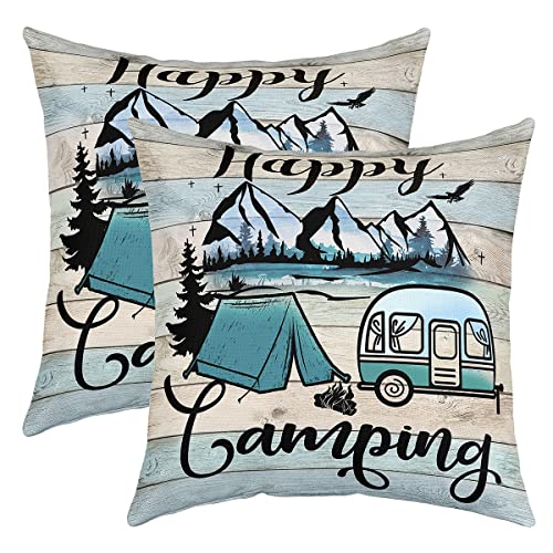 Happy Camping Kopfkissenbezüge 45x45 Set von 2, Camper Kissenbezüge für Sofa, Rustikales Bauernhaus Kissenbezüge Camping Dekorative Kissenbezüge, Rv Auto Thema Bunte Vintage Hölzerne Kissen Fälle von Homewish