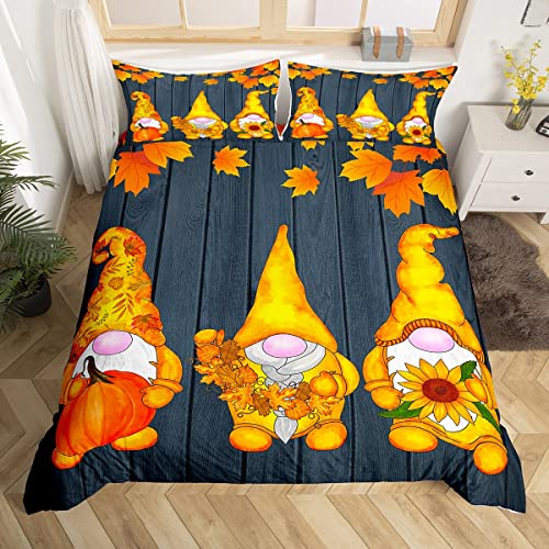 Herbst Gnome Bettbezug Herbst Blätter Sonnenblumen Bettwäsche Set für Kleinkinder Teens, Thanksgiving Kürbis Tröster Abdeckung Rustikale Holzplanke Herbst Ernte Dekor 135x200 Dekorationen für Zuhause von Homewish