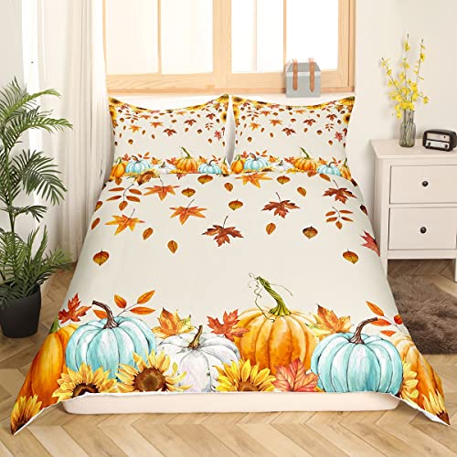 Herbst Kürbis Bettwäsche Set für Zuhause 135 x 200 Thanksgiving Erntezeit Dekor Bettbezug Herbst Ahornblatt Bettbezug für Kinder Teenager Erwachsene Rustikales Farm Sonnenblumen Bett Set 2 Stück von Homewish