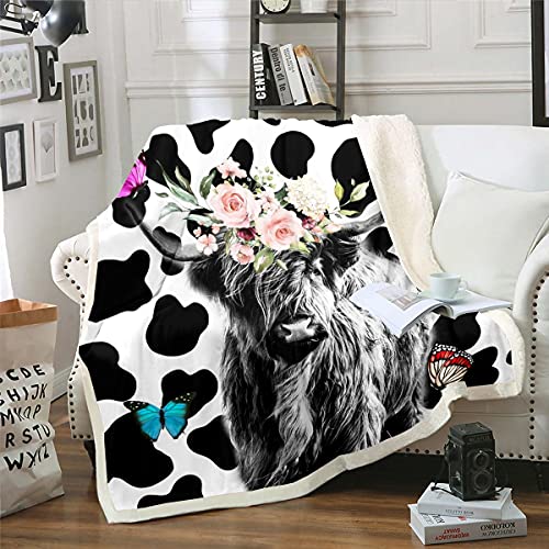 Highland Cattle Throw Blanket Kinder Kuh Plüsch Bettdecke 150x200 Western Cowboy Animal Fleece Decke für Jungen Mädchen Teenager Schlafzimmer, Bull Cattle Butterfly Sherpa Decke für Bett Couch von Homewish