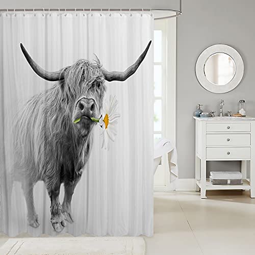 Highland Kuhbulle Duschvorhang Western Tierwelt Tier Badezimmer Vorhang Lustige Bauernhaus Highland Vieh Bad Vorhang mit Blumenblume, weiß grau Skizze Milch wasserdicht Badezimmer Dekor, 210 cm lang von Homewish